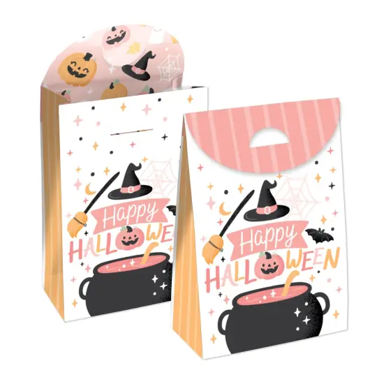 Big Dot of Happiness Pastel Halloween - Pink Pumpkin Party Gift Favor Bags - Party Goodie Boxes - Set of 12 {1}