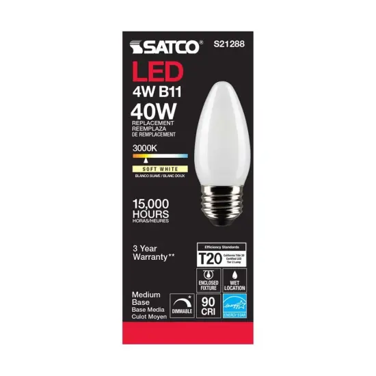 6Pk - Satco 4w B11 LED 3000K Medium Base Frosted Dimmable - 40w equiv Warm White {5}