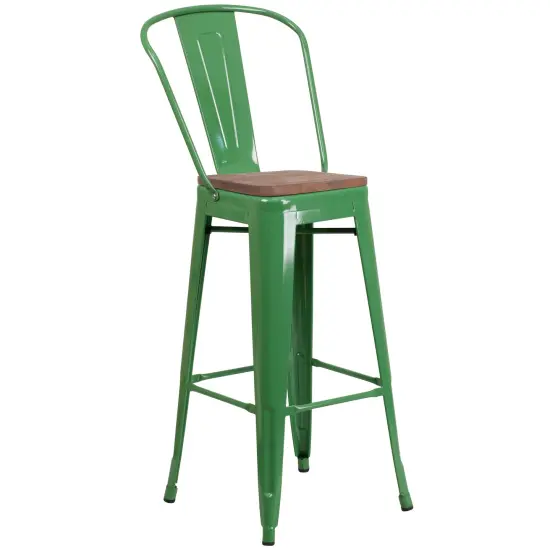 Merrick Lane Dothan Metal Dining Stool with Curved Slatted Back and Textured Wood Seat Green {2}