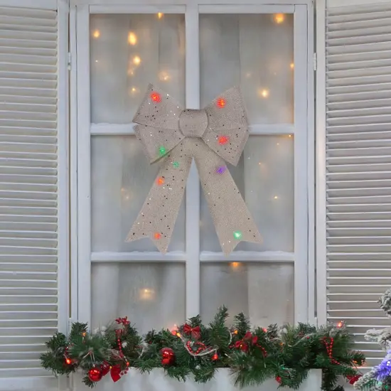 Northlight 16" LED Lighted Silver Burlap Bow Christmas Decoration with Color Changing Lights {3}