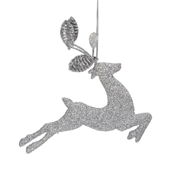 Northlight Leaping Glitter Drenched Reindeer with Faux Gem Christmas Ornament - 5.5" - Silver {3}