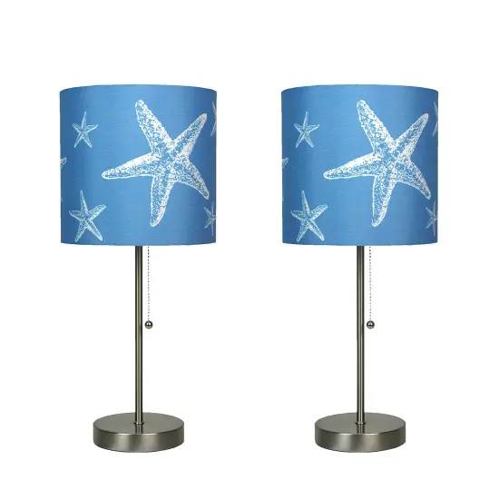 Brushed Nickel Finish Coastal Table Lamp With Blue Starfish Shade Set of 2 {1}