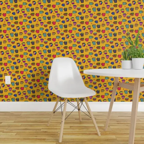 Pre-Pasted Wallpaper 2FT Wide Yellow Whimsical Small Scale Kitchen Mug Coffee Cup Kitsch Tea Lover Custom Pre-pasted Wallpaper by Spoonflower {1}