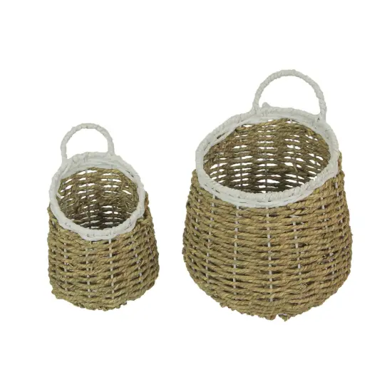 Set of 2 Natural and White Hand-Woven Seagrass Round Baskets Bohemian Decor Brown {1}