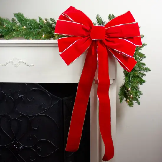Northlight 24" x 42" Large Red 11-Loop Velveteen Christmas Bow with Gold Trim {3}