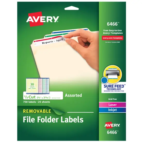 Avery File Folder Labels with Sure Feed, 2/3" x 3-7/16", 750 Printable Labels, Removable, Assorted (6466) {1}