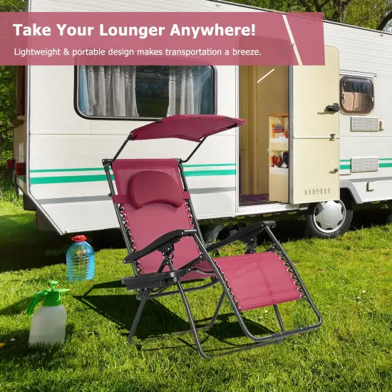 Folding Recliner Lounge Chair with Shade Canopy Cup Holder Red {6}
