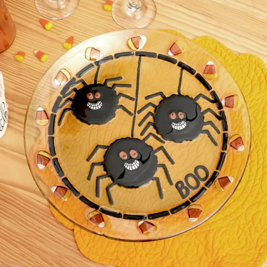 Silly Spider & Candy Corn Pattern Halloween Fused Glass Serving Platter {2}