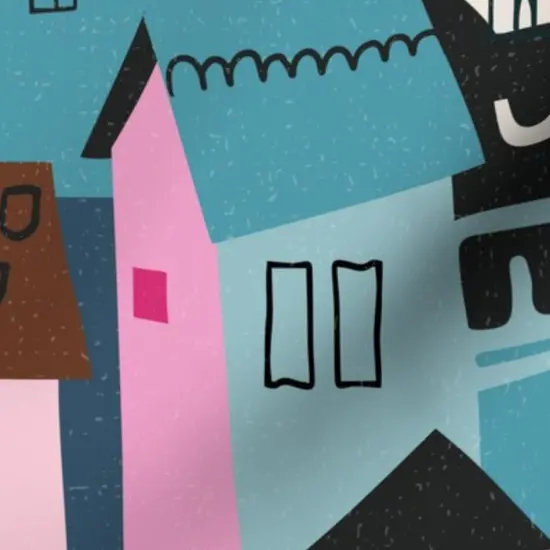 Various Fabrics by the Yard or Fat Quarter Black Cat Whimsical Colorful Cityscape Teal Pink Custom Printed Fabric by Spoonflower {7}