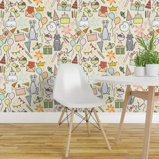 Peel & Stick Wallpaper 2FT Wide Dog Cat Multicolor Presents Whimsical Celebration Playful Balloons Pastels Candles Birthday Cake Bright Summer Colors Gift Large Scale Custom Removable Wallpaper by Spoonflower {1}