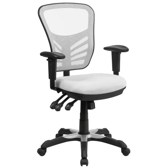 Emma and Oliver Mid-Back Mesh Triple Paddle Swivel Ergonomic Office Chair with Adjustable Arms White {1}