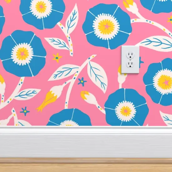 Pre-Pasted Wallpaper 2FT Wide Pink Floral Bright Flowers Nature Vibrant Meadow Spring Summer Garden Kitsch Folk Scandi Large Scale Custom Pre-pasted Wallpaper by Spoonflower {4}