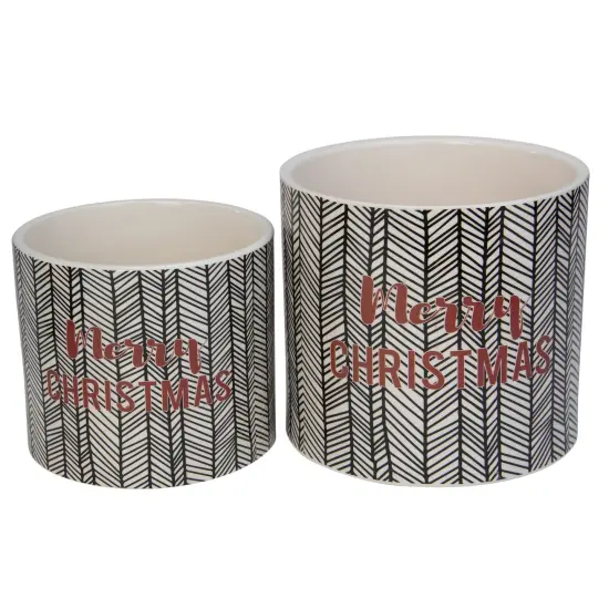 Melrose Set of 4 White and Black Holiday Slogan Printed Christmas Pots 6" {3}