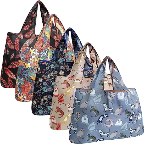 Wrapables Large Foldable Tote Nylon Reusable Grocery Bags, 5 Pack Cats & Deco {1}