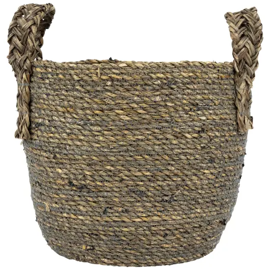 Northlight Set of 3 Dark Brown Round Seagrass Storage Baskets with Braided Handles 13.5" {5}