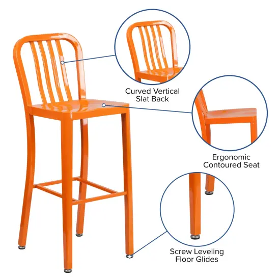 Merrick Lane Santorini 30 Inch Galvanized Steel Indoor/Outdoor Counter Bar Stool With Slatted Back And Powder Coated Finish Orange {2}