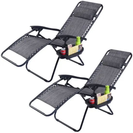 Costway 2PC Folding Zero Gravity Reclining Lounge Chairs Beach Patio W/Utility Tray {1}