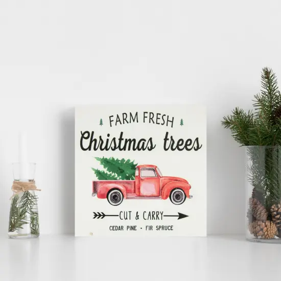 Northlight Farm Fresh Christmas Trees and Truck Wooden Wall Sign with Plaid Trim - 8" Red {3}