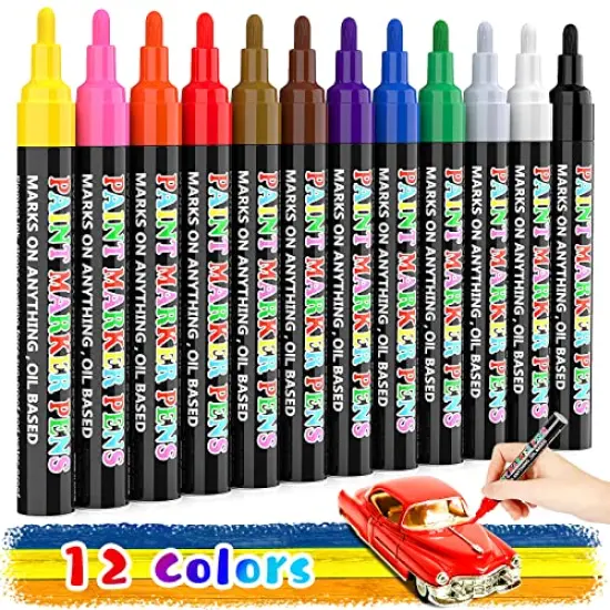 12 Colors Paint Pen Paint Markers, Oil-Based Waterproof Marker Pens, Permanent Fabric Paint Quick Dry Marker for Metal, Egg, Tire, Rock, Wood, Canvas, Plastic, Glass, Engineer, DIY Craft {2}