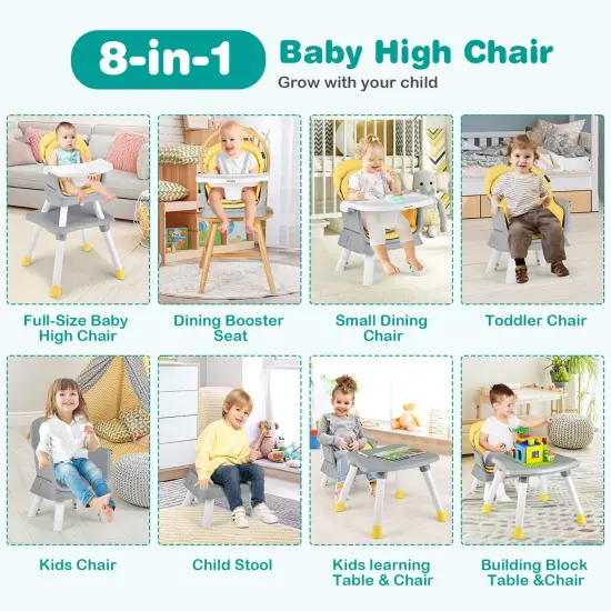 Babyjoy 8-in-1 Baby High Chair Convertible Dining Booster Seat withRemovable Tray Grey/Pink/Yellowith Strip/Black {5}