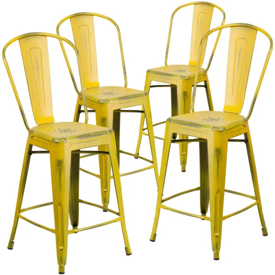Emma and Oliver Commercial Grade 4 Pack 24" High Distressed Metal Indoor-Outdoor Counter Height Stool with Back Yellow {1}