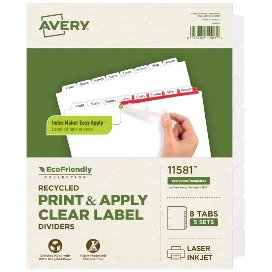 Avery EcoFriendly Recycled Dividers for 3 Ring Binders, 8-Tab, White Tabs, Index Maker Print and Apply Clear Label Strip, 5 Sets for 40 Binder Dividers Total (11581) {1}