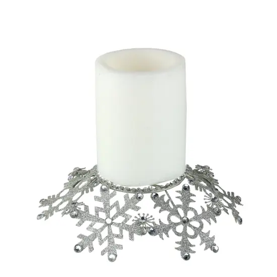 Melrose 9" Silver Snowflake Glittered and Jeweled Christmas Pillar Candle Holder {1}