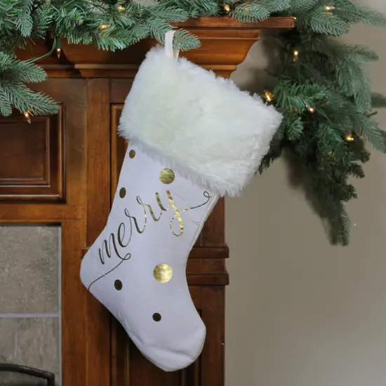 Northlight 19" Ivory White Gold Foil "Merry" Christmas Stocking with White Faux Fur Cuff {3}