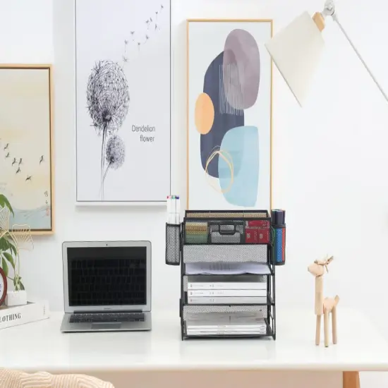 4 Tier Paper Letter Tray Organizer with Drawer and Pen Holder, Mesh Desktop Organizer Storage for Office Supplies (Black) {3}