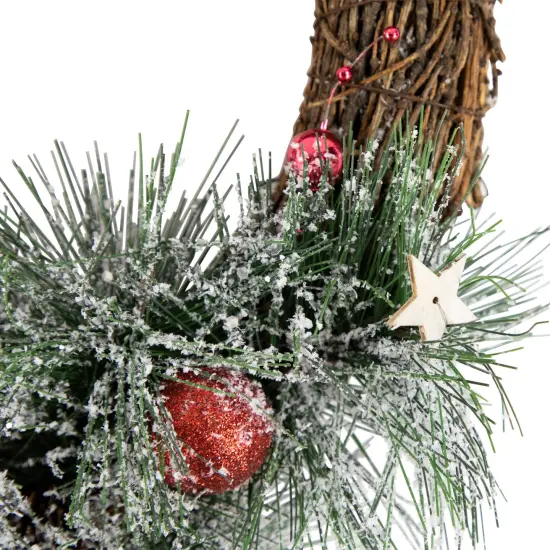 Northlight Red Ornaments, Pine Needle and Stars Frosted Christmas Wreath, 13.75-Inch Green {6}