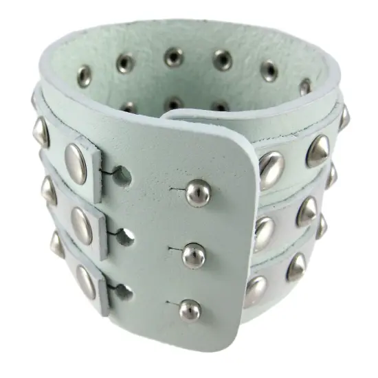 Gray Leather 3 Row Cone Spiked Wristband Blemished {5}