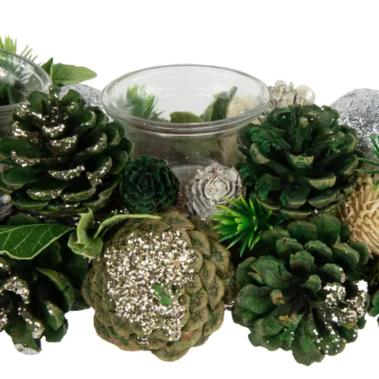Northlight 13" Green Pinecone and Silver Glitter Ornaments Christmas Tealight Candle Holder {5}