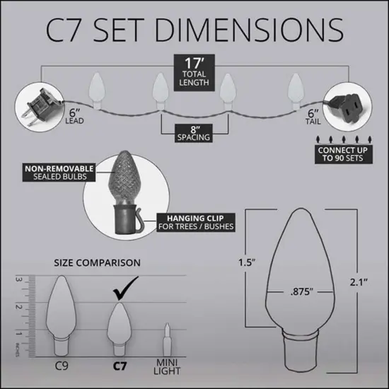 25 Cool White C7 LED Christmas Lights, Green Wire, 8" Spacing {4}