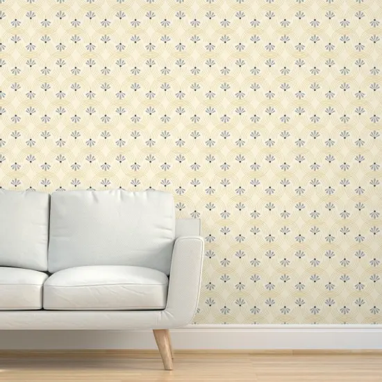 Pre-Pasted Wallpaper 2FT Wide Retro Floral Yellow Swirls Blue Gray Deco Flowers Custom Pre-pasted Wallpaper by Spoonflower {5}