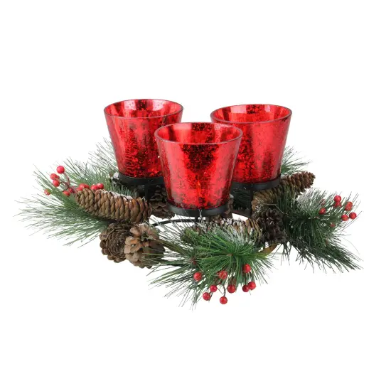 CC Christmas Decor 8" Red Triple Speckled Glass Candle Holder Wreath with Pinecones {1}