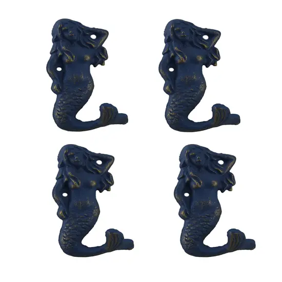 Set of 4 Blue Distressed Cast Iron Mermaids Decorative Wall Hook Set {1}