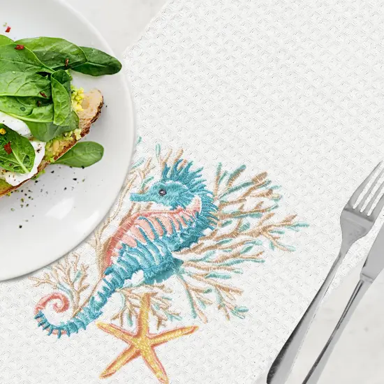 Seahorse And Coral Embroidered Waffle Weave Cotton Kitchen Towel {4}