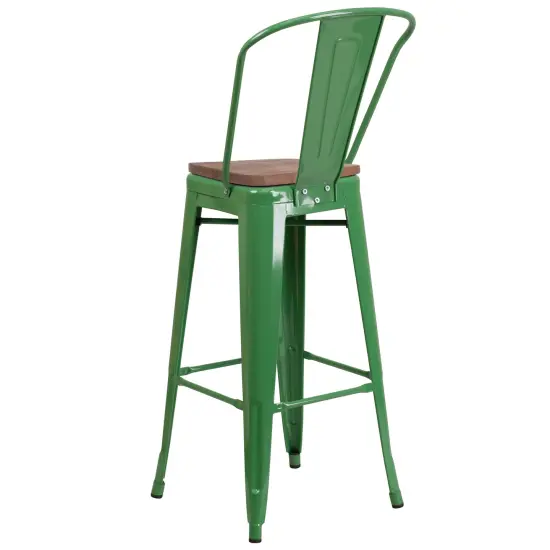 Merrick Lane Dothan Metal Dining Stool with Curved Slatted Back and Textured Wood Seat Green {6}