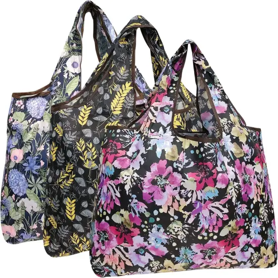 Wrapables Large Foldable Tote Nylon Reusable Grocery Bag, 3 Pack Spring Bouquet {1}