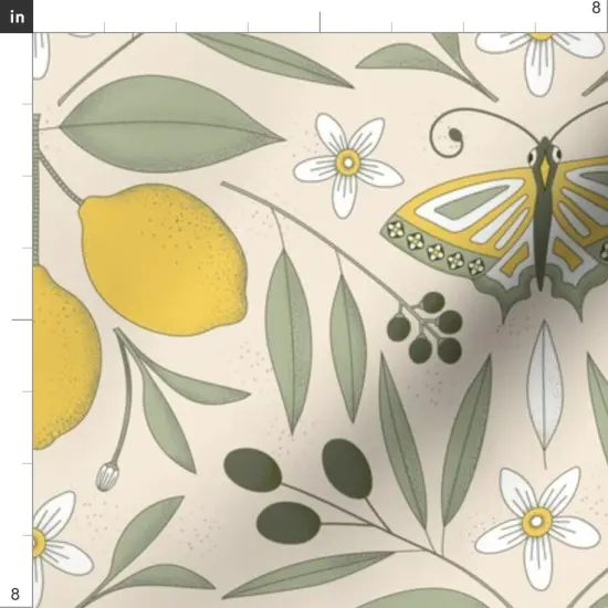 Various Fabrics by the Yard or Fat Quarter Yellow Butterfly Damask Olive Lemon Botanical Italy Pastel Colors Mediterranean Tree Large Scale Citrus Moth Insects Custom Printed Fabric by Spoonflower {4}