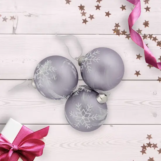 Northlight 3ct Purple Glass Ball Christmas Ornaments with Snowflakes 3" (80mm) {3}