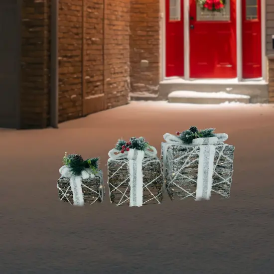 Northlight LED Lighted Gift Boxes with Pine and Berries Christmas Decorations - 9.75" - Set of 3 Beige {3}