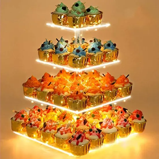 4 Tier Cupcake Stand Acrylic Tower Display with LED Light Premium Holder Dessert Tree Tower for Birthday Cady Bar D&eacute;cor Weddings, Parties Events (Yellow Light) {2}