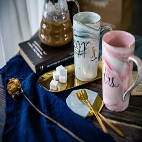 Mr and Mrs Coffee Mugs - Wedding Gifts for Bride and Groom - Gifts for Bridal Shower Engagement Wedding and Married Couples Anniversary - Ceramic Marble Cups 14 Oz Pink {6}