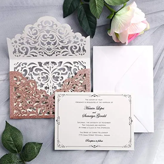 20 Pcs Laser Cut Wedding Invitation Card with Envelope for Wedding Quinceanera Bridal Shower Baby Shower Party Invite (Rose Gold Glitter) {1}