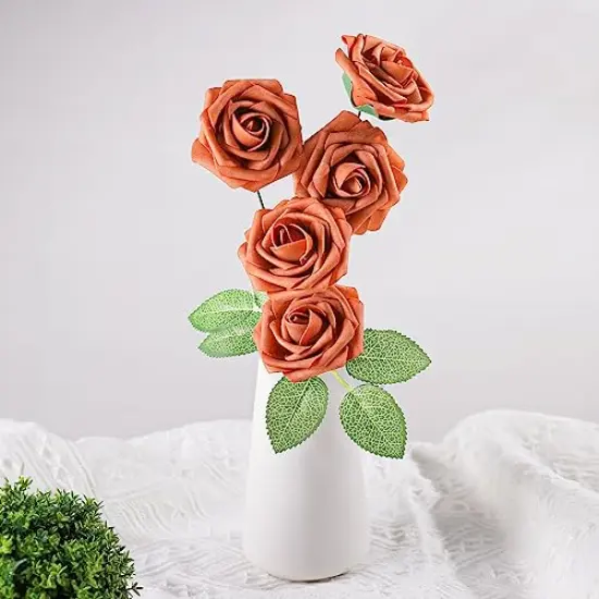 AmyHomie Artificial Flowers Burnt Orange Rose 25pcs Real Looking Fake Roses w/Stem for Fall Decor DIY Wedding Bouquets Centerpieces Arrangements Party Baby Shower Home Decorations {3}