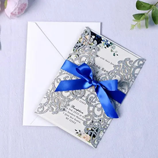 20 PCS 5 x 7'' Silver Giltter Laser Cut Wedding Invitations with Envelopes for Wedding Party Bridal Shower Engagement Birthday Sweet 16 Invite - Silver Glitter with Royal Blue Ribbons {3}