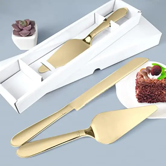 Cake Cutting Set for Wedding, Elegant Knife and Server with Thickened Stainless Steel Rounded Edges, Cutter Pie Spatula Birthday Anniversary Christmas Gift of 2, Gold {5}