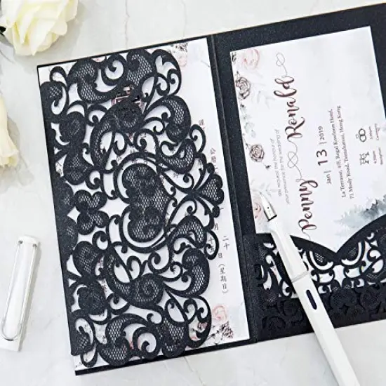 50 Sets Tri fold Love Hollow Laser cut Pocket Wedding Invite Invitation Card Jacket for Party Birthday Quinceañera Invite 4.92 by 7.28 inches (Black, Only Invitation cover) {3}