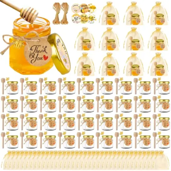 48 Pcs Mini Honey jars-1.5oz, Hexagon honey jars with dipper,gold cover,bee pendant,Gold Gift Bags,rope,Thank-You Tags,Glass Honey jars with lids,Baby Shower,Wedding Favors,Party Favors {1}
